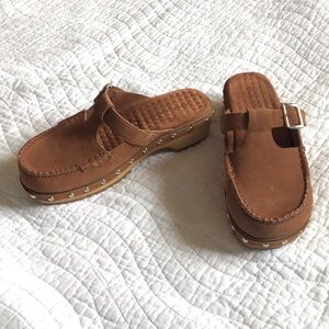 Women's Suede Mule Clogs in Brown with Studded Sole